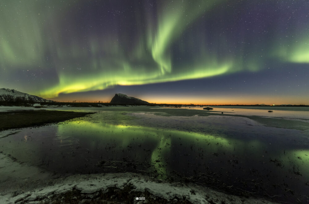 Northern lights and sunset in Lofoten